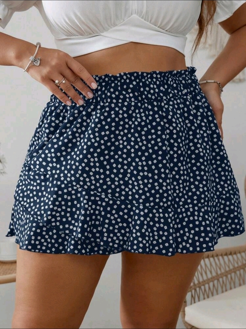 Navy Blue Mini Skirt Shorts with White Daisy Print